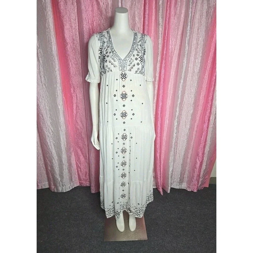 Knox Rose Ivory Boho Embroidered Cotton Lined Tiered Maxi Dress Size XS